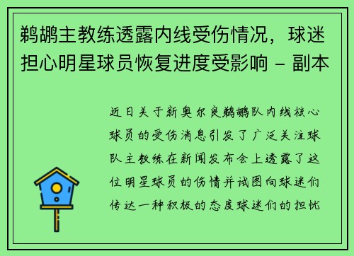 鹈鹕主教练透露内线受伤情况，球迷担心明星球员恢复进度受影响 - 副本