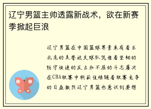 辽宁男篮主帅透露新战术，欲在新赛季掀起巨浪
