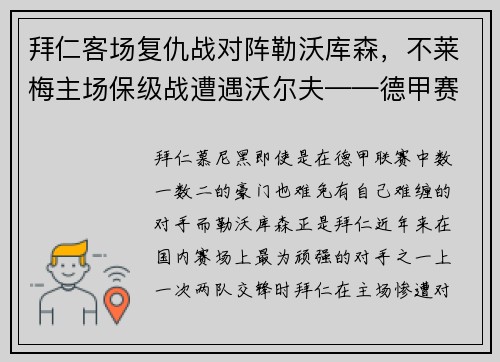 拜仁客场复仇战对阵勒沃库森，不莱梅主场保级战遭遇沃尔夫——德甲赛季关键之战