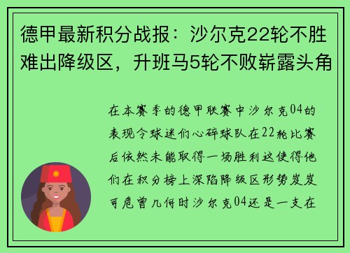 德甲最新积分战报：沙尔克22轮不胜难出降级区，升班马5轮不败崭露头角