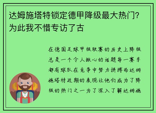 达姆施塔特锁定德甲降级最大热门？为此我不惜专访了古