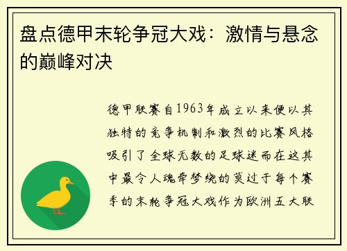 盘点德甲末轮争冠大戏：激情与悬念的巅峰对决