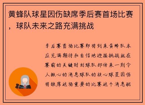 黄蜂队球星因伤缺席季后赛首场比赛，球队未来之路充满挑战