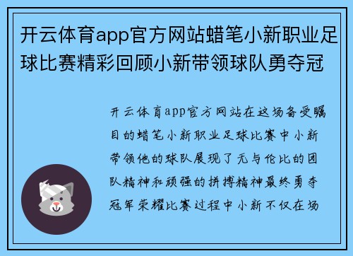 开云体育app官方网站蜡笔小新职业足球比赛精彩回顾小新带领球队勇夺冠军荣耀